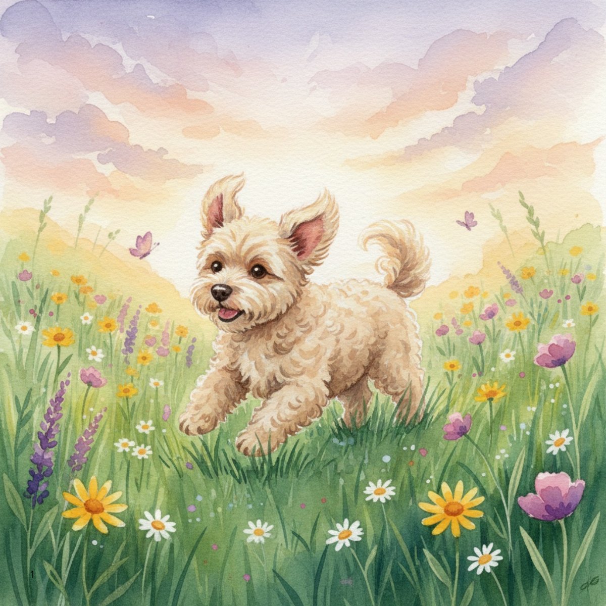 Coda, a cream-colored dog, illustrated in a field of wildflowers