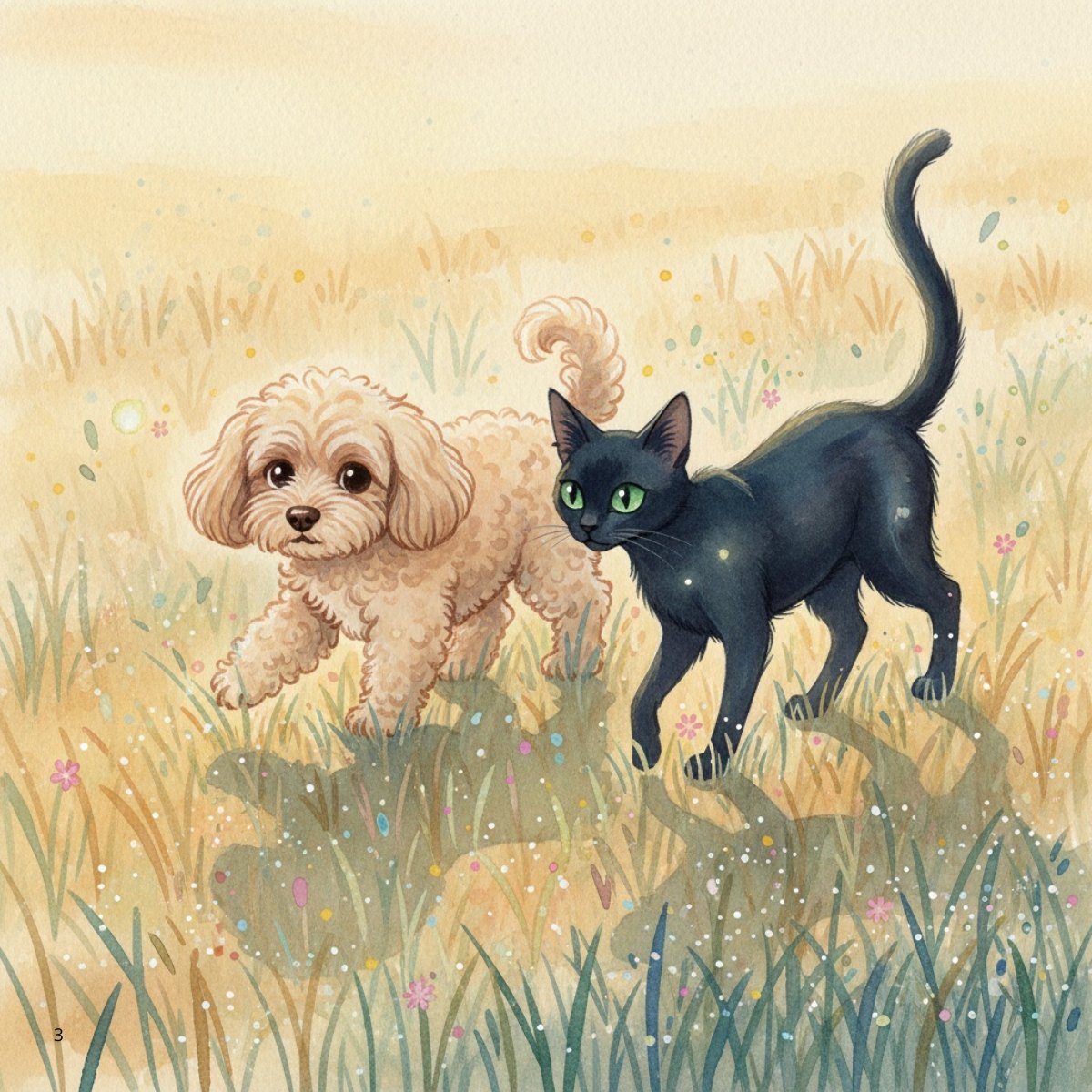 Coda and a black cat, illustrated in the generated storybook